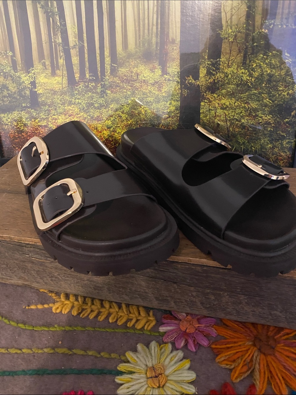 MIA Black Slide Sandals with Gold Buckles